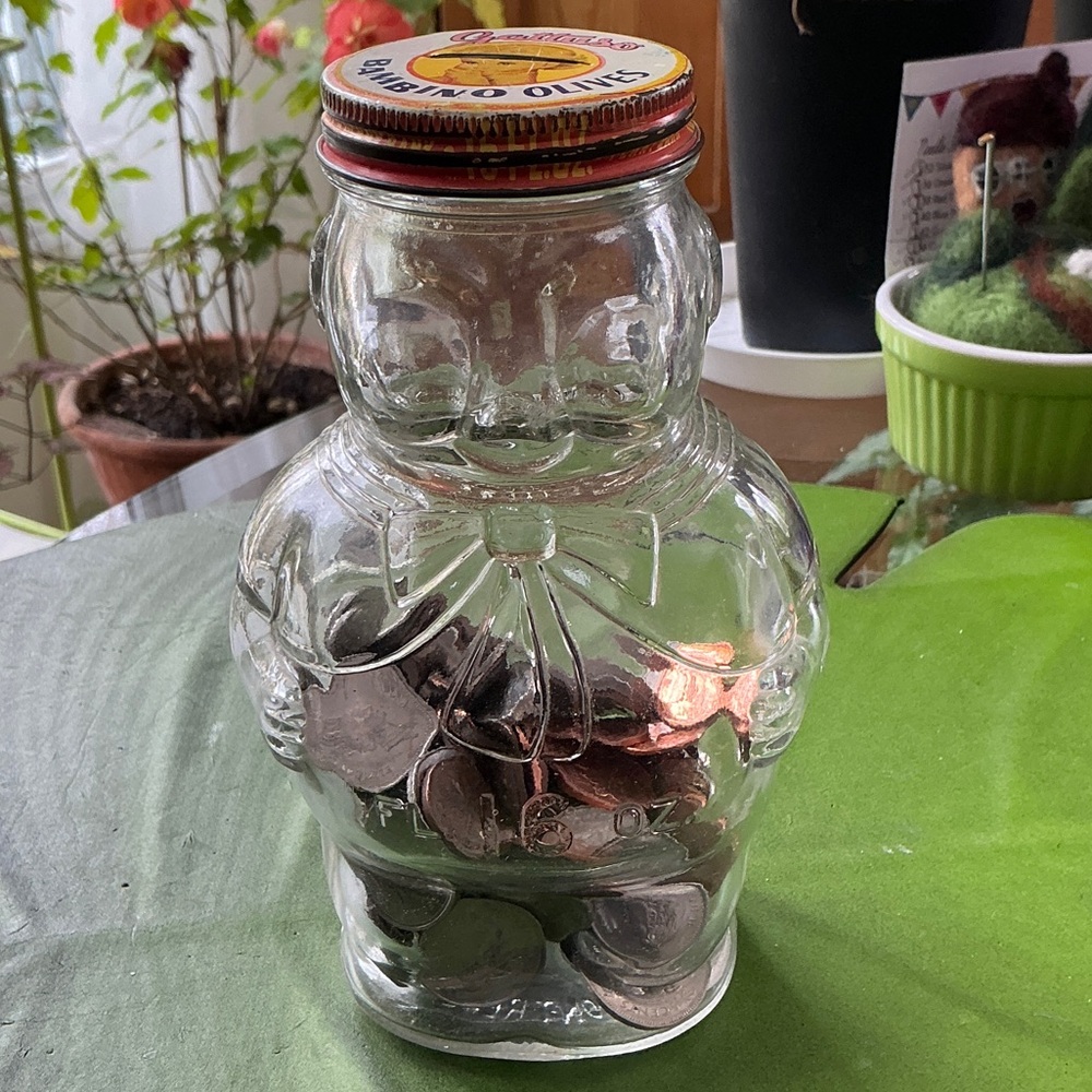 Vintage Mid-century Glass Bear Coin Jar with Red/Gold Lid